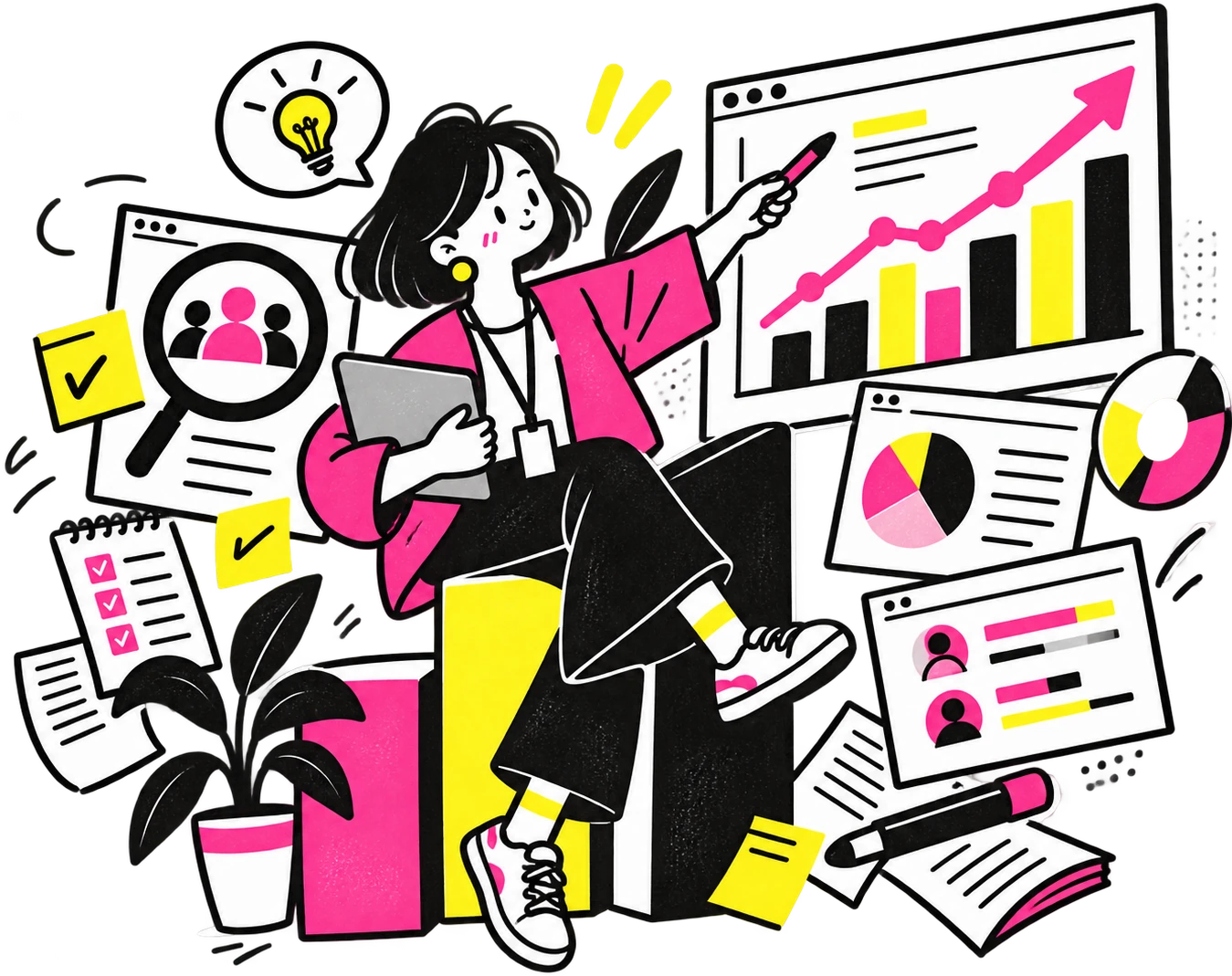 求人広告や採用データを分析し、改善を提案する人物のイラスト